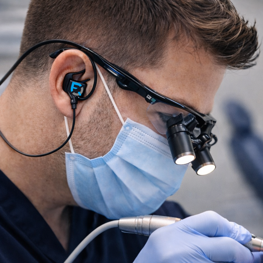 Dentist with earphones
